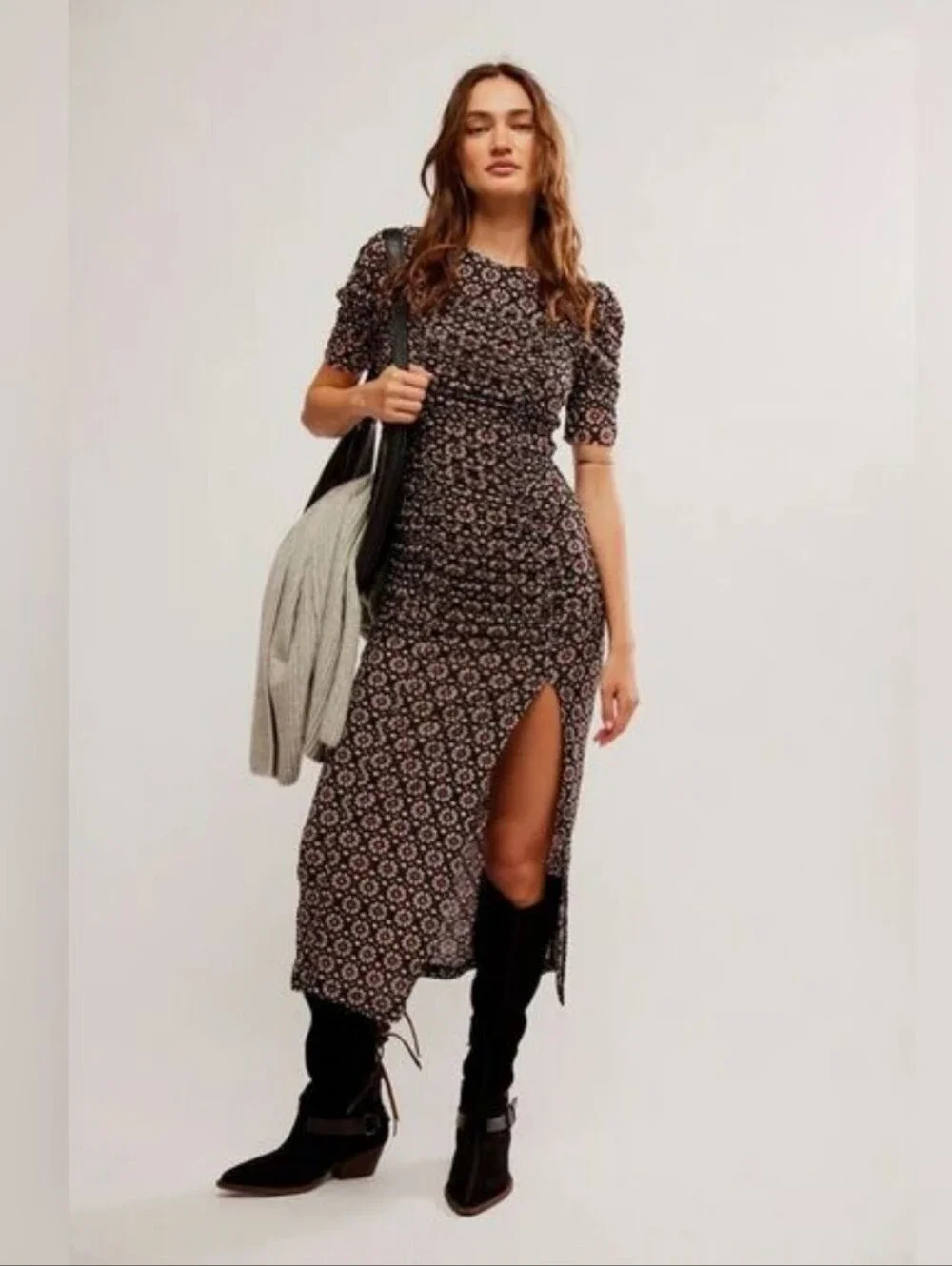 Free People Briella Midi Dress - Black with Cream Print (Flaw) - Picture 1 of 6